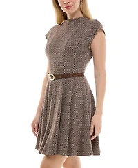 Taylor Petite Jacquard Mock-Neck Belted Fit & Flare Dress