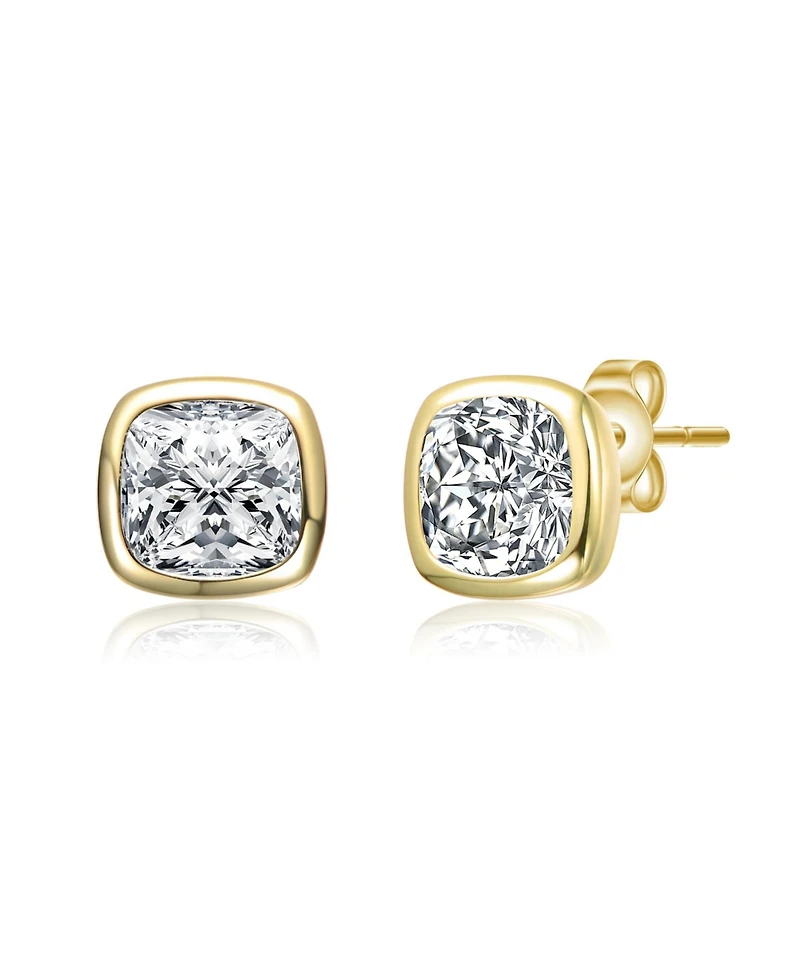 Genevive Sterling Silver 14K Gold Plated with Bezel Set Clear Cubic Zirconia Stud Earrings