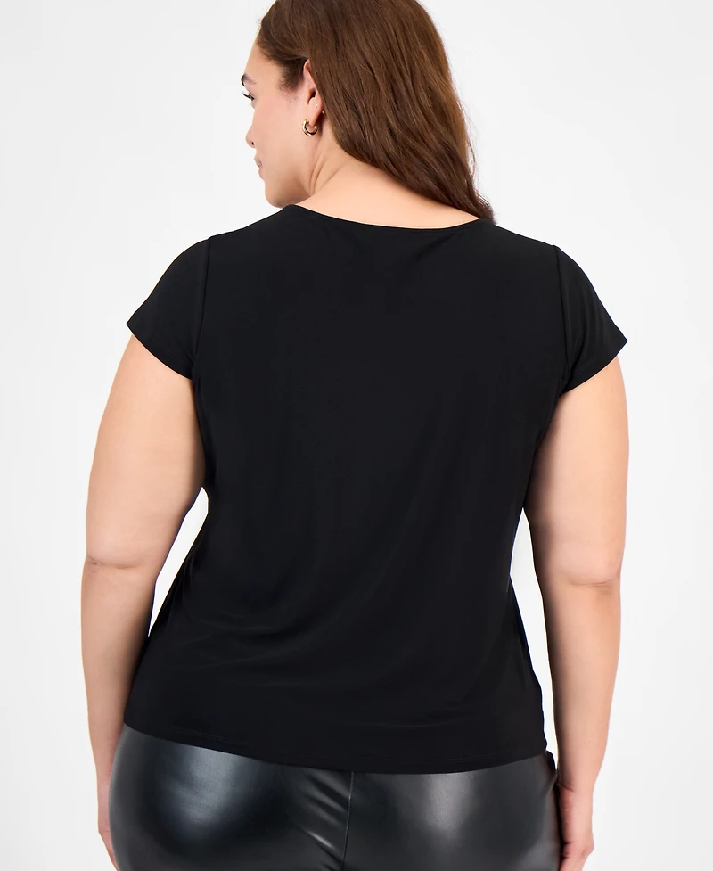 Kasper Plus Stretch Knit Short-Sleeve Cowl-Neck Top