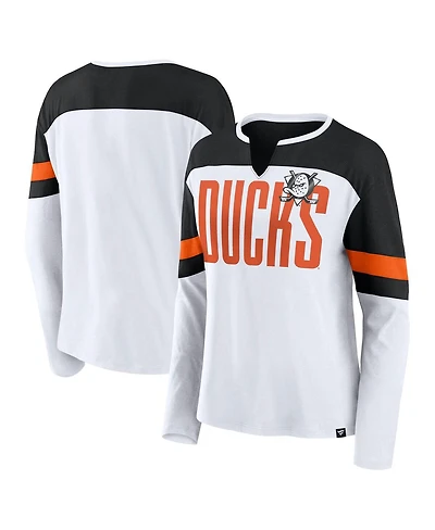 Fanatics Women's White/Black Anaheim Ducks Frozen Long Sleeve Notch Neck T-Shirt