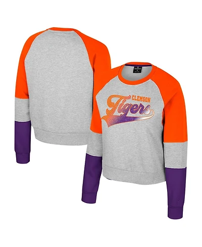Colosseum Big Girls Heather Gray Clemson Tigers Katinka Rhinestone Pullover Sweatshirt