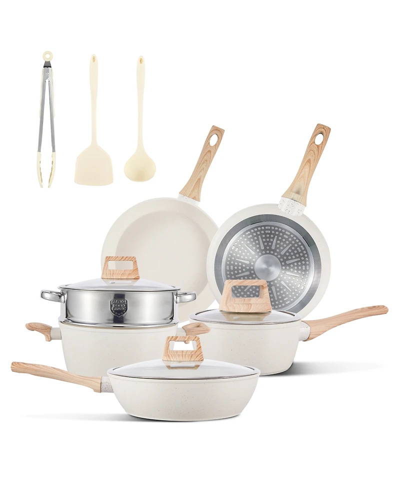 12-Piece Nonstick Ceramic Cookware Set, Granite Pots and Pans Set with Silicone Shovel, Spoon &Tongs