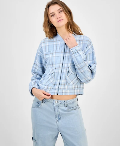 Madden Girl Juniors' Plaid-Print Bomber Jacket