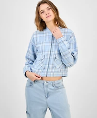Madden Girl Juniors' Plaid-Print Bomber Jacket