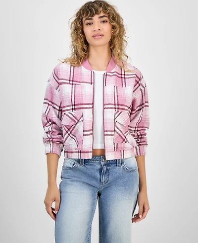Madden Girl Juniors' Plaid-Print Bomber Jacket