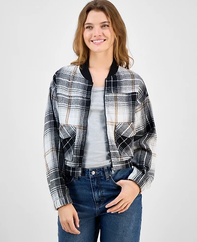 Madden Girl Juniors' Plaid-Print Bomber Jacket
