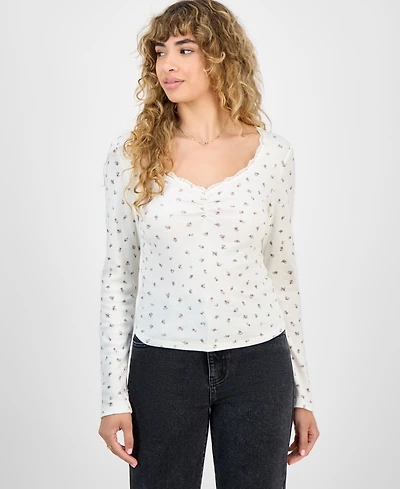 Hippie Rose Juniors' Lace-Trim Gathered-Bust Top
