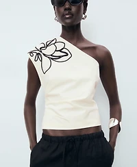 Mango Women's Asymmetrical Embroidered Floral Top