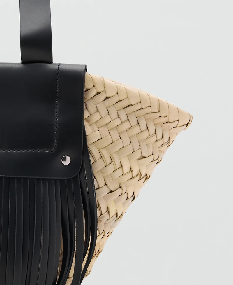 Mango Women's Leather Fringes Natural Fiber Handbag