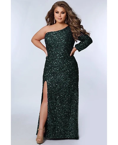 Sydney's Closet Women's One-Shoulder Long Sleeve Sequin Gown