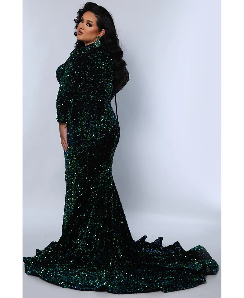 Johnathan Kayne for Sydney's Closet Women's Long Sleeve Sequin Velvet Evening Gown