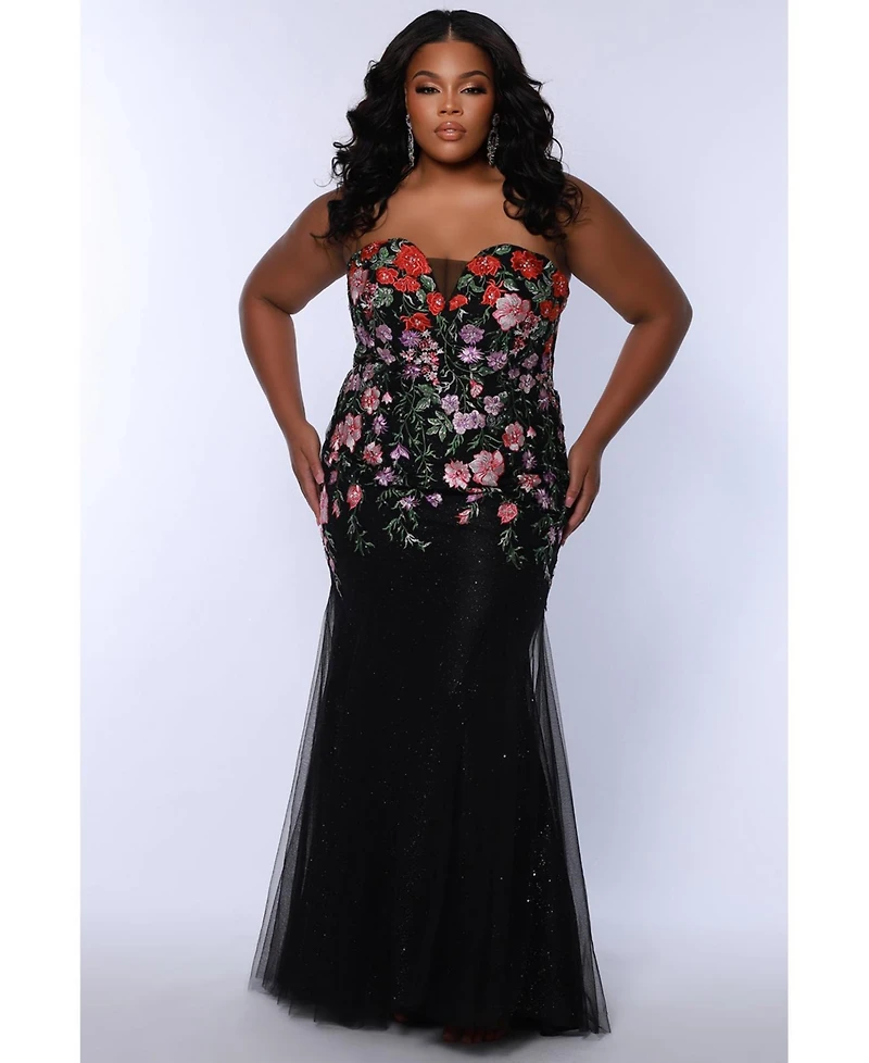 Sydney's Closet Women's Sweetheart Neckline Fitted Floral Gown