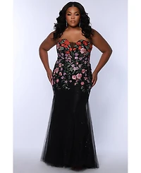 Sydney's Closet Women's Sweetheart Neckline Fitted Floral Gown