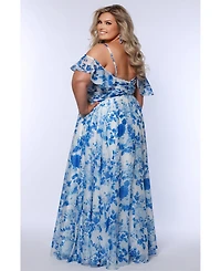Sydney's Closet Women's Pleated Floral V-Neckline Slim A-Line Gown