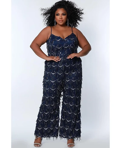 Sydney's Closet Women's Spaghetti Strap Sequin fringe Jumpsuit