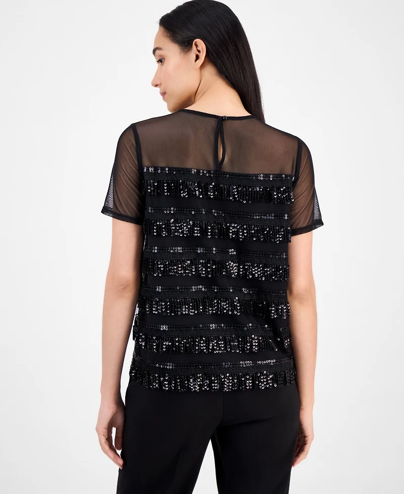 Anne Klein Women's Crewneck Sequin-Fringe-Trim Top