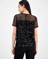 Anne Klein Women's Crewneck Sequin-Fringe-Trim Top