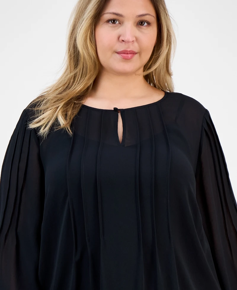 Anne Klein Plus Size Chiffon Pintuck Flutter-Sleeve Blouse