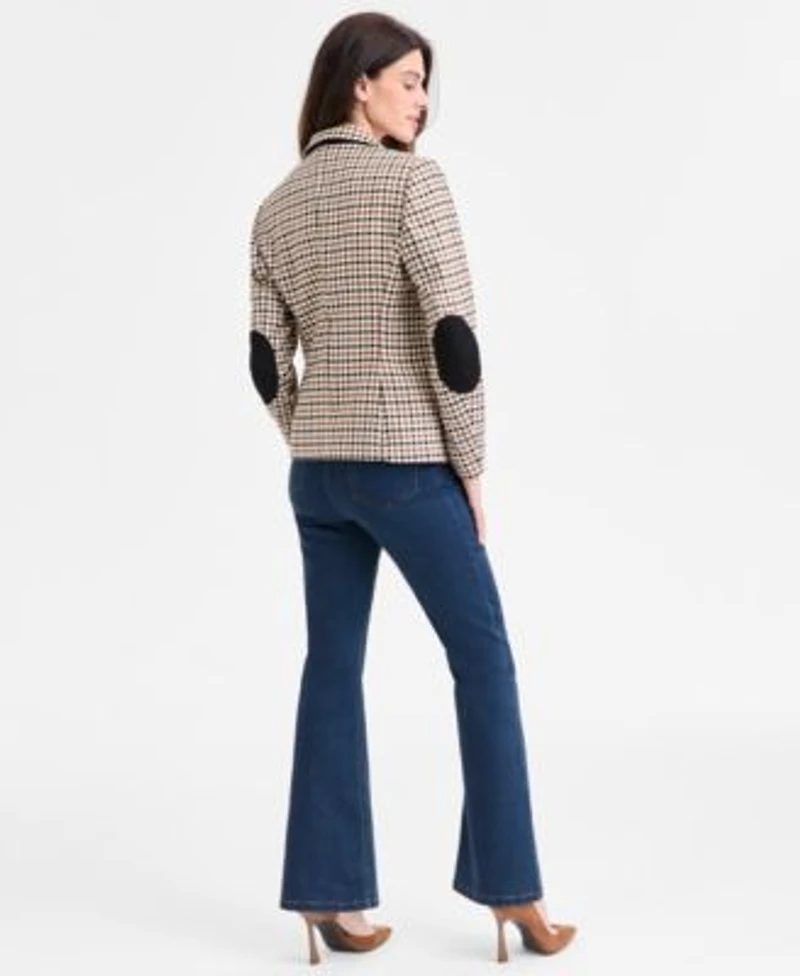 Jones New York Womens Faux Double Breasted Elbow Patch Jacket Collared Long Sleeve Top True Bootcut City Denim Jeans