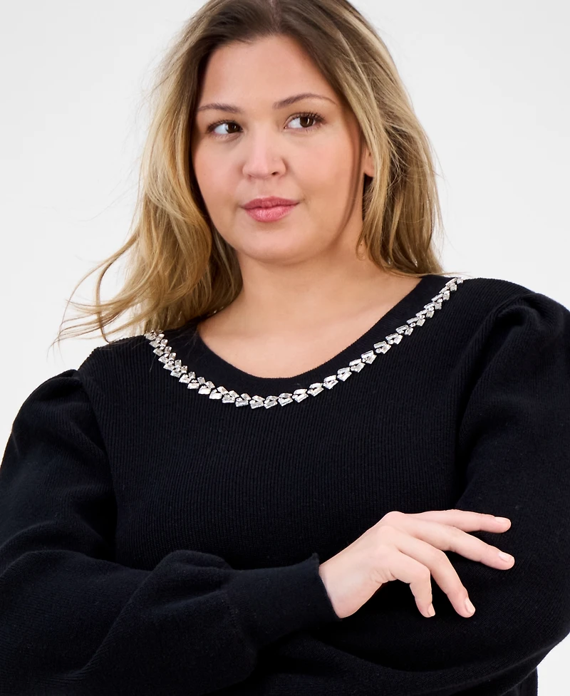 Ak Anne Klein Plus Embellished Crewneck Sweater