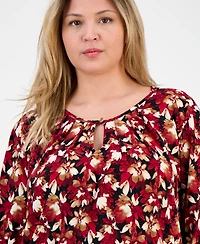 Ak Anne Klein Plus Printed Long-Sleeve Keyhole Blouse