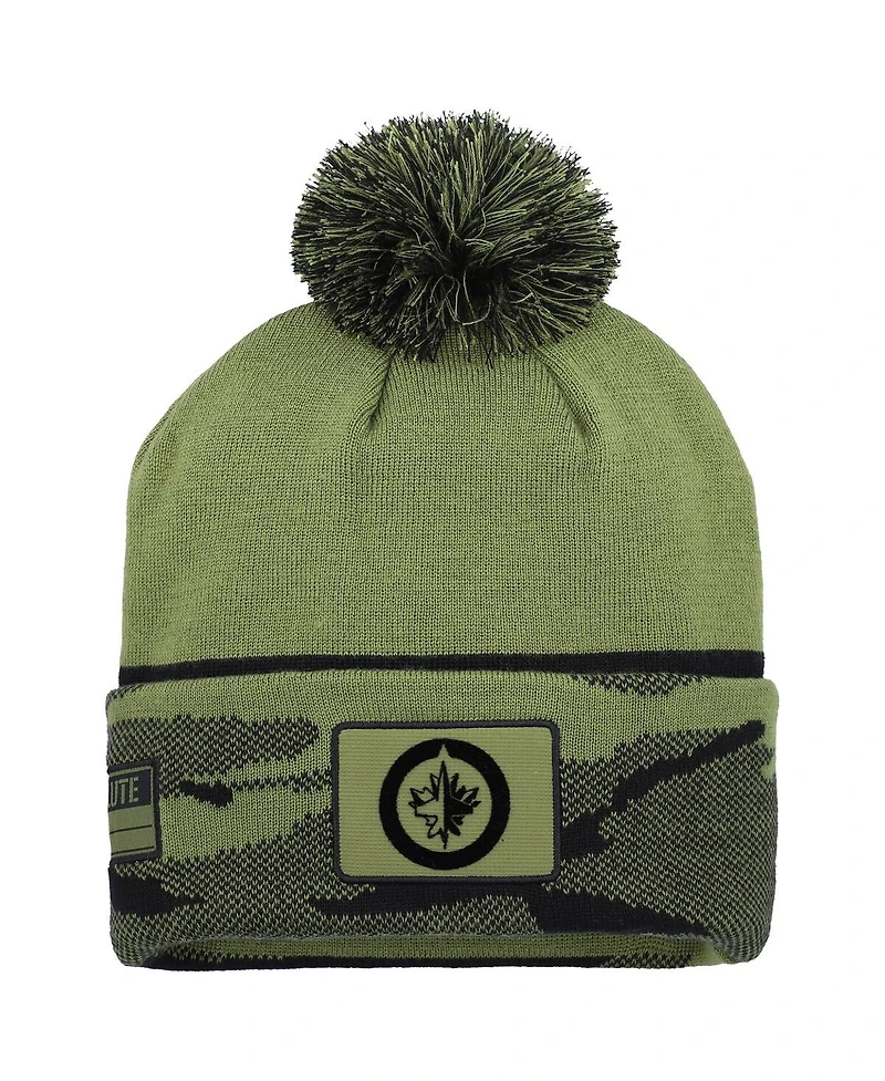 Fanatics Men's Olive Winnipeg Jets Military Appreciation Cuffed Knit with Pom Hat