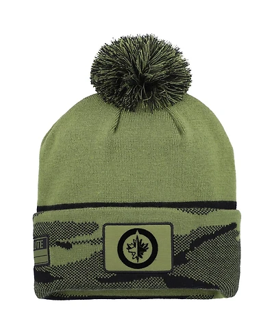 Fanatics Men's Olive Winnipeg Jets Military Appreciation Cuffed Knit with Pom Hat