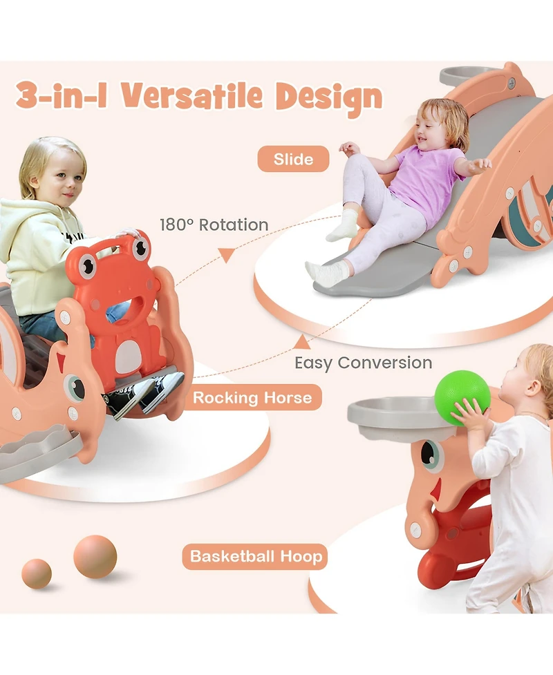 Gymax 3-in-1 Kids Slide Rocking Horse Set Convertible Toddler Slide w/ Basketball Hoop Green