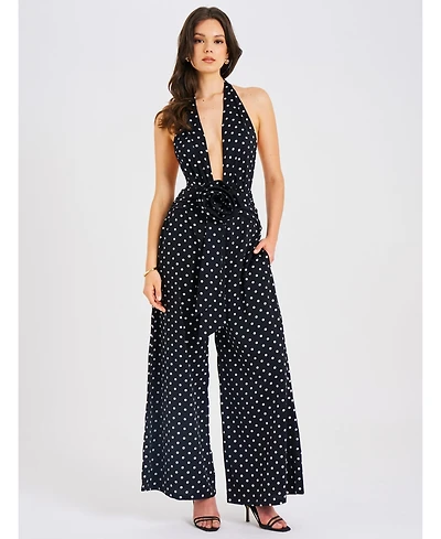 Miss Circle Women Oriana Black Polka Dots Halter Jumpsuit