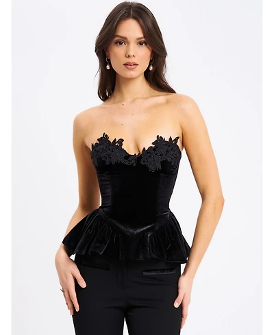 Miss Circle Women's Qiara Black Velvet Peplum Top with Lace Trim