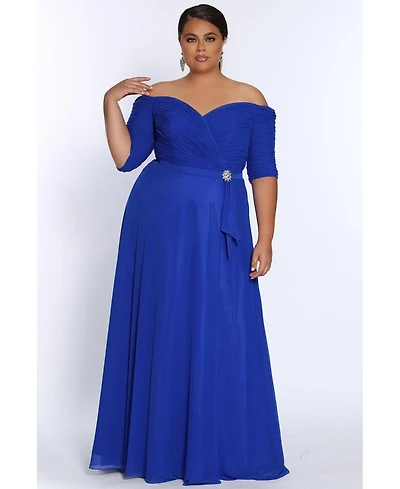 Celebrations by Sydney's Closet Women's Off-the-Shoulder Formal Gown with Sleeves