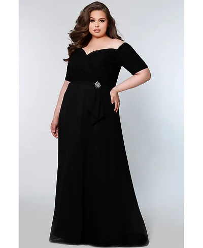 Celebrations by Sydney's Closet Women's Off-the-Shoulder Formal Gown with Sleeves