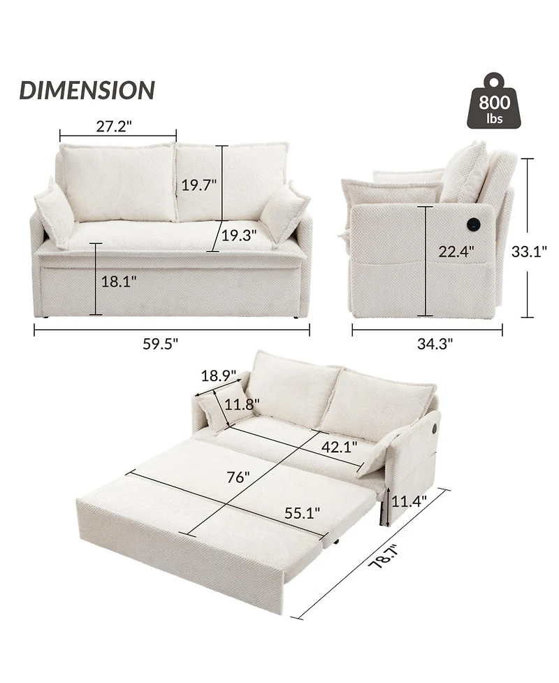 Streamdale Furniture Corduroy Convertible Sleeper Sofa Bed with Usb Ports