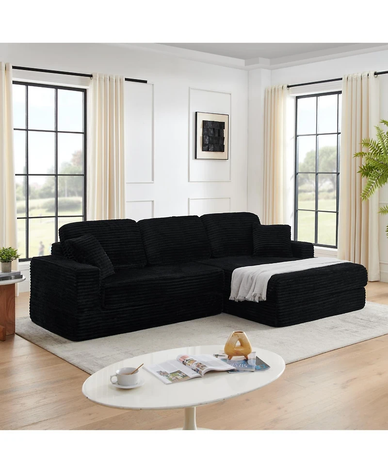 Streamdale Furniture L-Shape Corduroy Sectional Sofa Bed - Black
