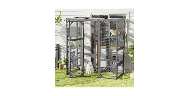 Aostirmotor Outdoor Cat House Double Door Playpen with Condo Dark Grey