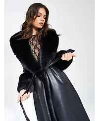 Miss Circle Women Zaida Black Faux Fur Trim Leather Coat