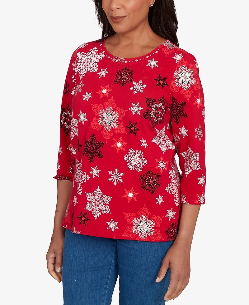 Alfred Dunner Petite Snowflake Embellished Top