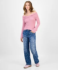 Tinseltown Juniors' Mid-Rise Bow-Print Baggy Jeans