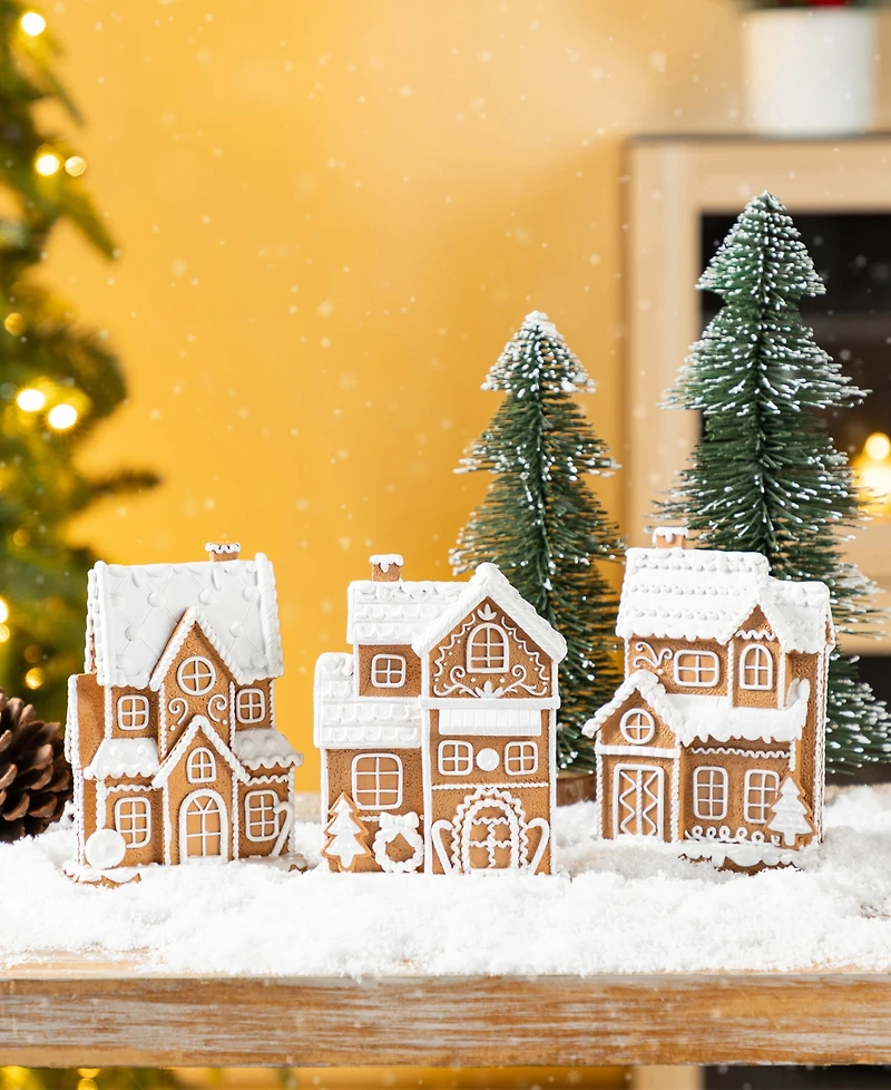 Glitzhome Resin Christmas Gingerbread House Figurine, Set of 3