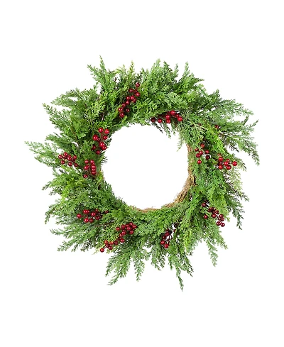 Glitzhome 24" Polyethylene Christmas Dripping Cedar Wreath with Berries
