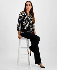 Ak Anne Klein Petite Henley-Neck Floral-Print Top