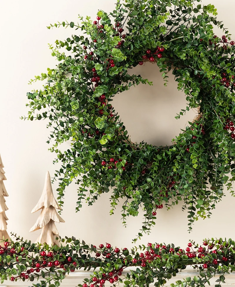 Glitzhome 28" Polyethylene Christmas Dripping Eucalyptus Wreath with Berries