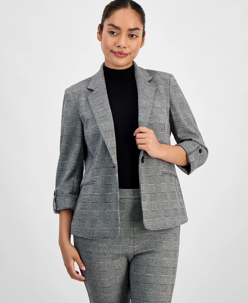 Ak Anne Klein Women's Plaid Jacquard Notch-Collar 3/4-Sleeve Jacket