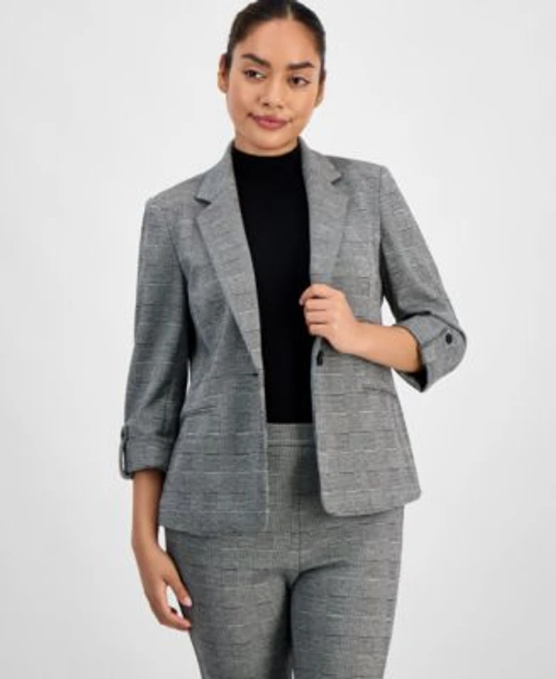 Ak Anne Klein Womens Plaid Jacquard Notch Collar 3 4 Sleeve Jacket P Xxs Xl