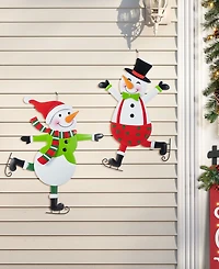 Glitzhome Metal Christmas Skiing Snowmen Yard Stakes, Set of 2