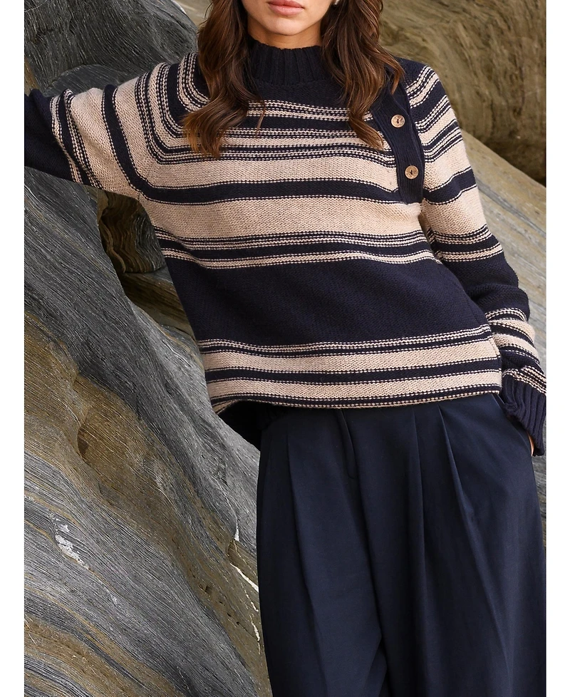 Celtic & Co. Women's Pure Wool Stripe Button Neck Sweater