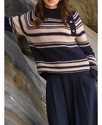 Celtic & Co. Women's Pure Wool Stripe Button Neck Sweater