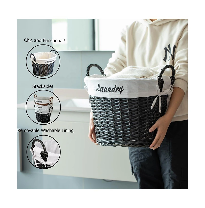 Wickerwise Handwoven Laundry Basket with Liner & Handles - Boho Decorative Storage Hamper for Clothes Blankets Pillows and Towels