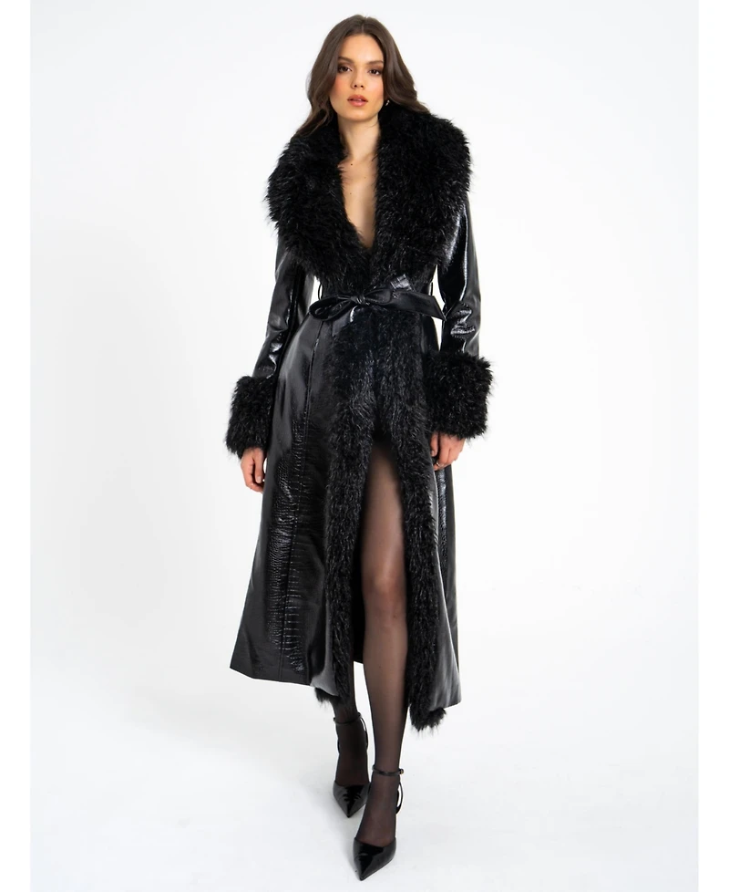 Miss Circle Women's Zella Black Fur Trim Faux Croc Leather Coat