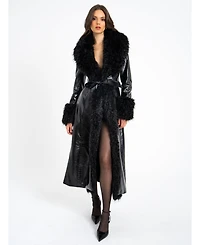 Miss Circle Women's Zella Black Fur Trim Faux Croc Leather Coat